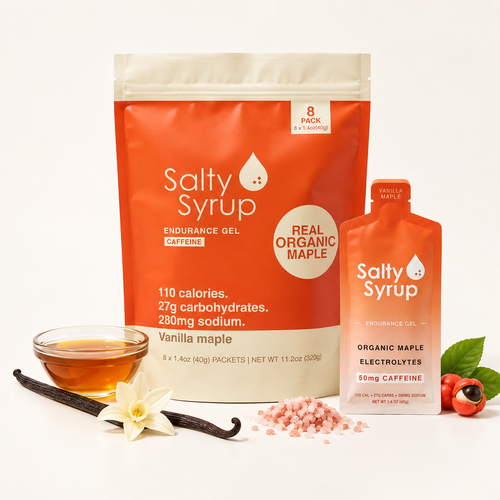 Salty Syrup Caffeinated 8 pack bag with a pouch, maple syrup, vanilla and pink salt