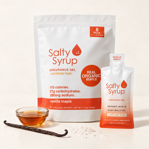 Salty Syrup Original 8 pack bag with a pouch, maple syrup, vanilla and pink salt